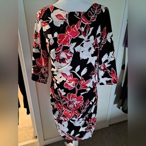 White House Black Market Sheath Dress Size 12 P Floral Red Pink Cowl Neck EUC